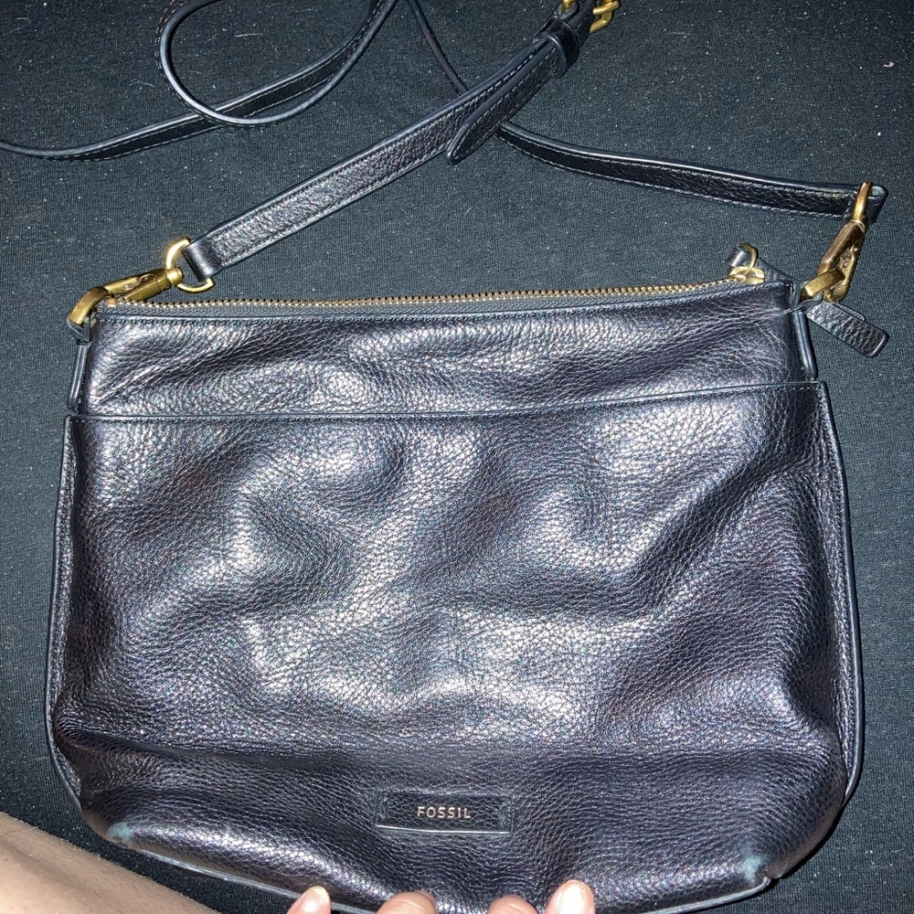 Simple black fossil leather crossbody